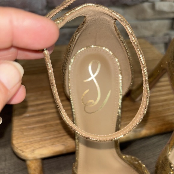 SAM EDELMAN Gold Glitter Metallic Bow High Heel Sandal Ankle Strap Women's 9 - Picture 16 of 16